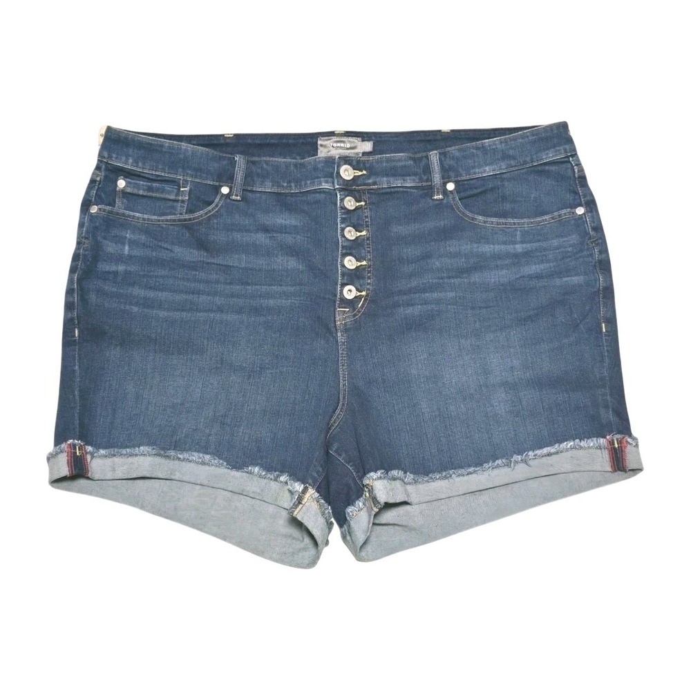 Torrid Women 24 Dark Wash Button Fly High Rise Denim Shorts Frayed Cuff Stretch